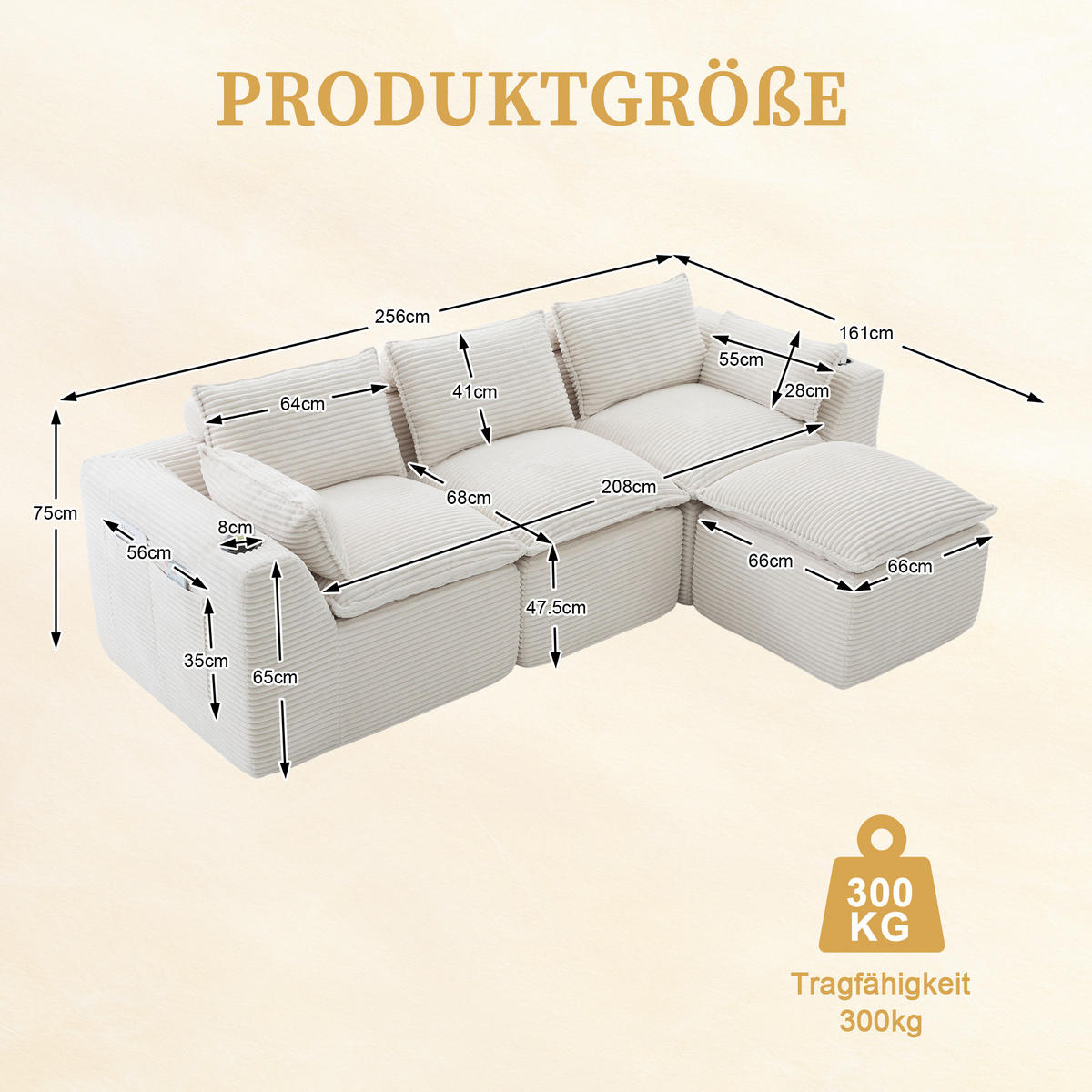 ECKSOFA 256/161/75 cm beige aus Corduroy mit Seitentaschen und Kissen - Beige, Textil (161/256cm) - OKWISH