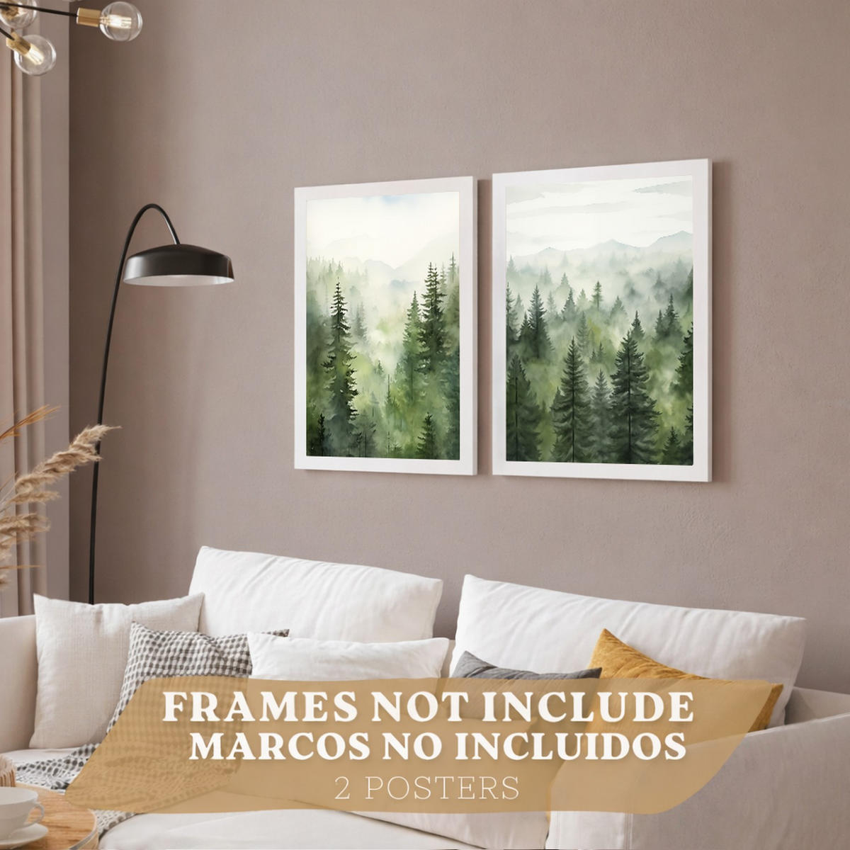 PLAKAT Sada 2 dekorativních tisků Nordic Forest Landscape Moderní obývák Obrázky - Zelené dekorativní plakáty Dekorace ložnice A4 bez rámu - čirá, papír (29.7/42/3cm)