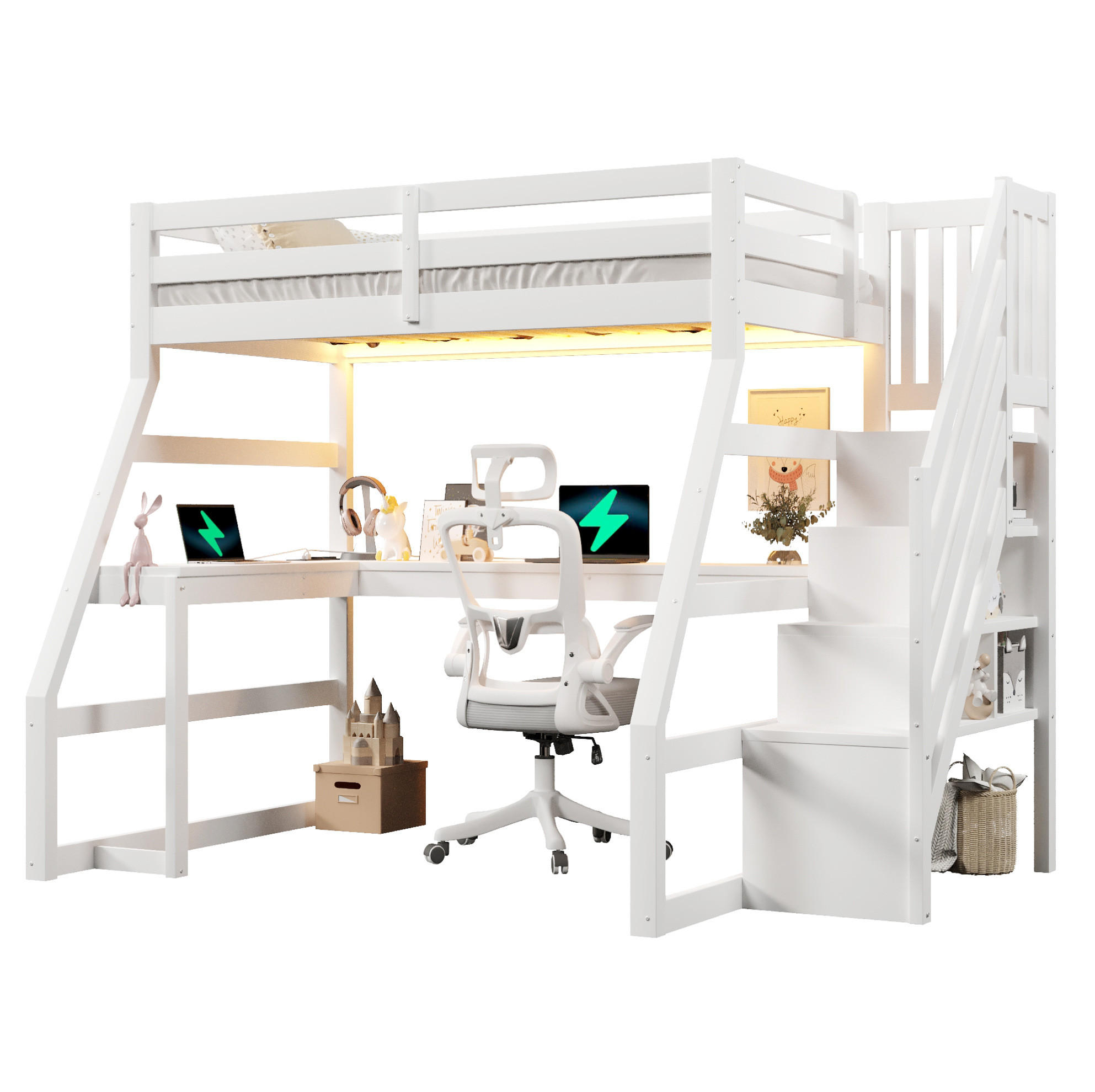HOCHBETT 90/200 cm, Weiß mit L-förmigem Schreibtisch, LED und Stauraumtreppe - Weiß, Holz (90/200cm) - MIVRAY