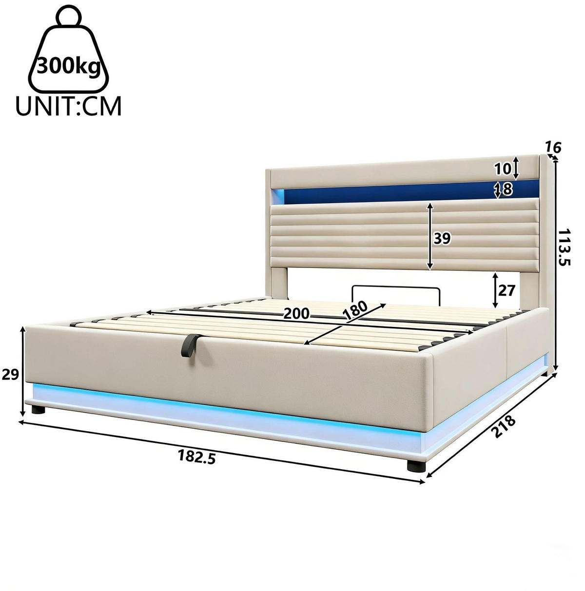 POLSTERBETT 180/200 cm mit LED-Beleuchtung, USB- und Typ-C-Anschluss, hydraulischem Stauraum und Kopfteilfach, Beige - Beige, Textil (180/200cm) - Redom
