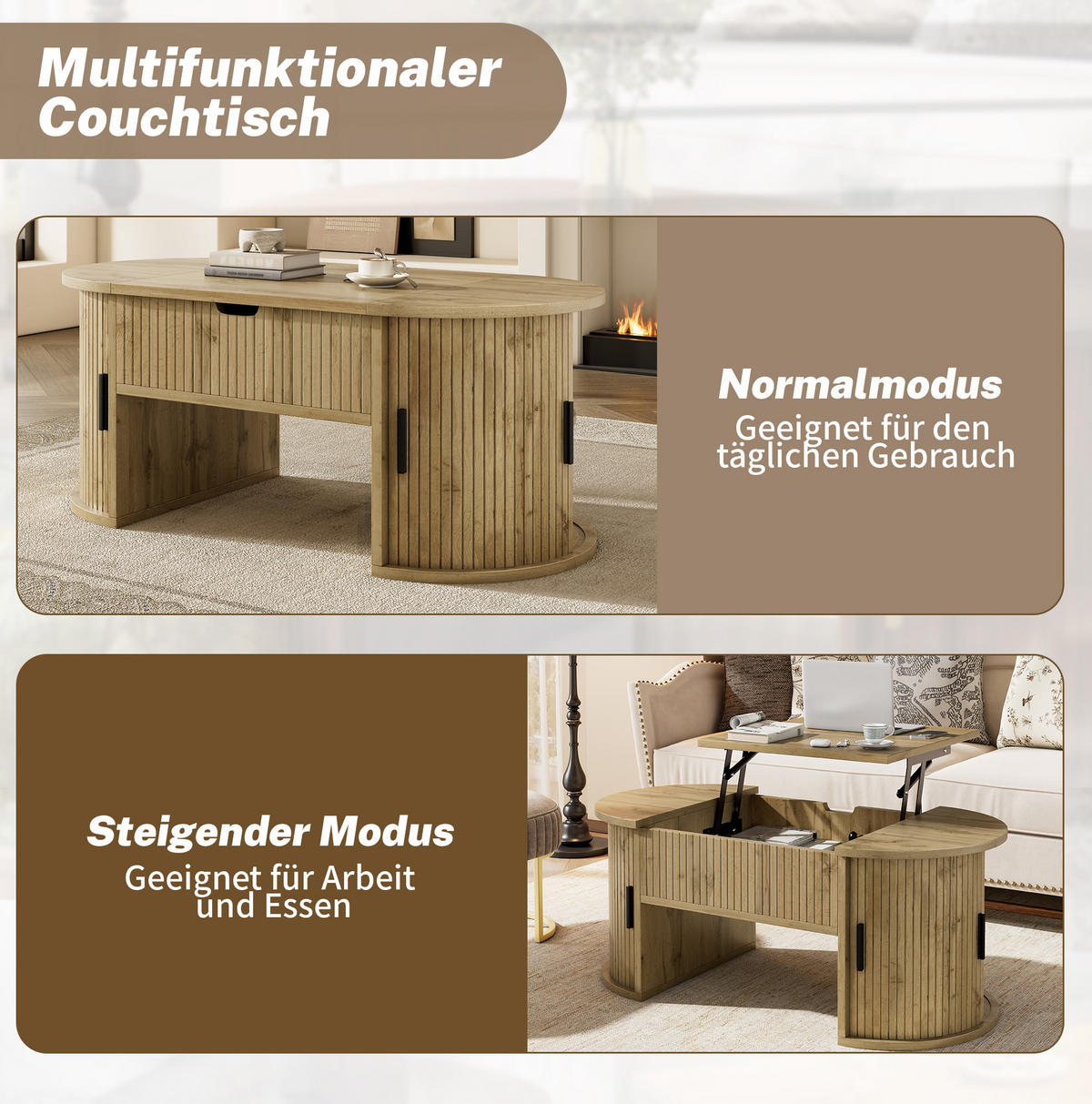 KONFERENČNÍ stolek z MDF 100x40,5x50 cm dubový s výškově nastavitelnou deskou, posuvnými dveřmi a úložným prostorem - barva dubu, kompozitní dřevo (100/50/40.5cm) - Modfu