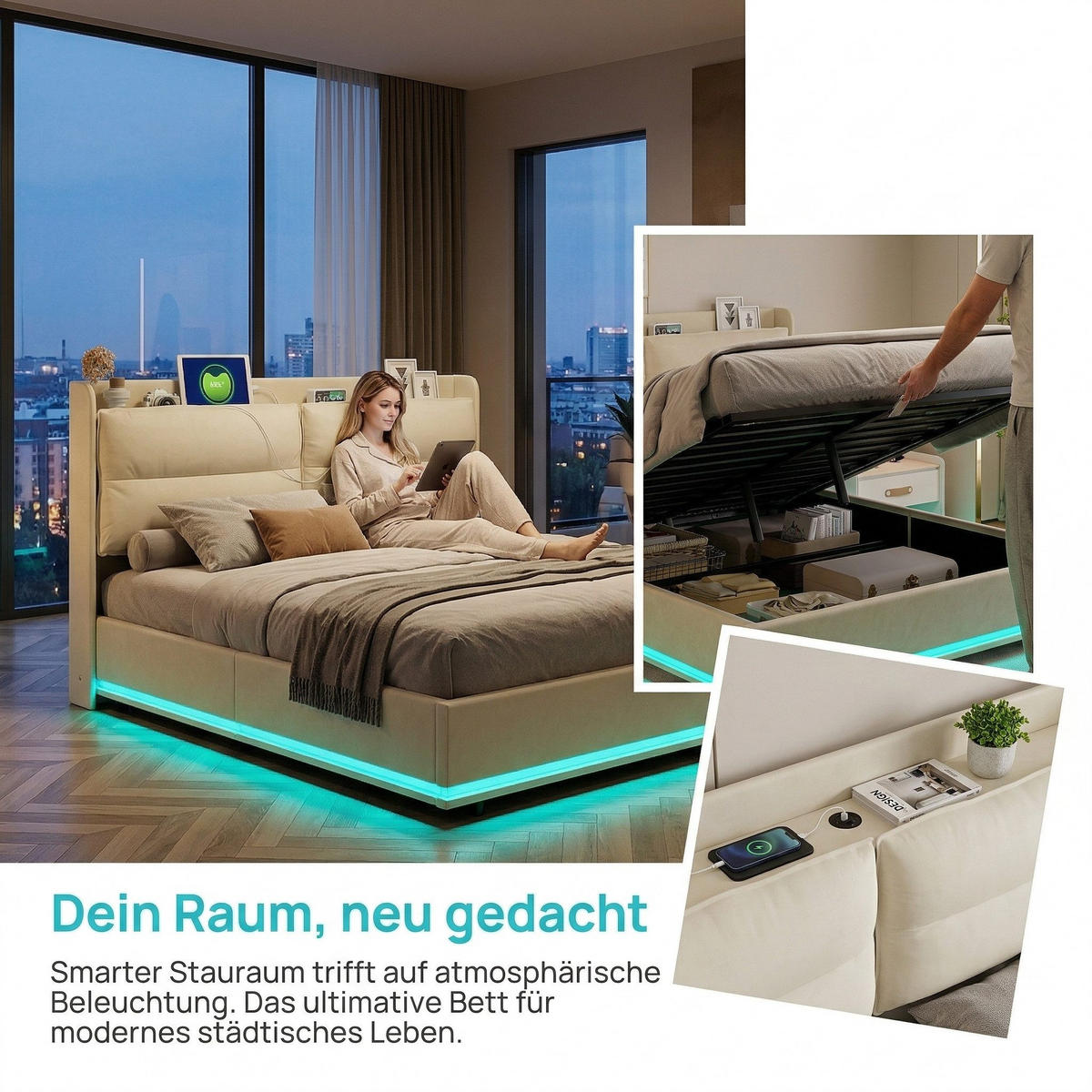 POLSTERBETT 140x200 cm Beige mit Stauraum, LED-Beleuchtung und Ladefunktion, Doppelbett mit Lattenrost - Beige, Holz/Metall (140/200cm) - PARAFTA HOME