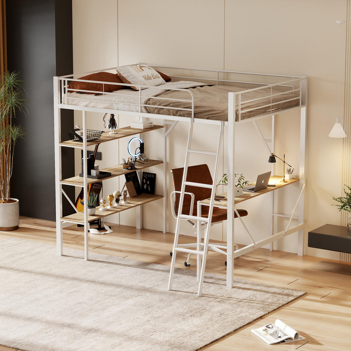 HOCHBETT 90/200 cm Weiß Metallbett mit Schreibtisch und Ablagen - Weiß, Holzwerkstoff (90/200cm) - OKWISH