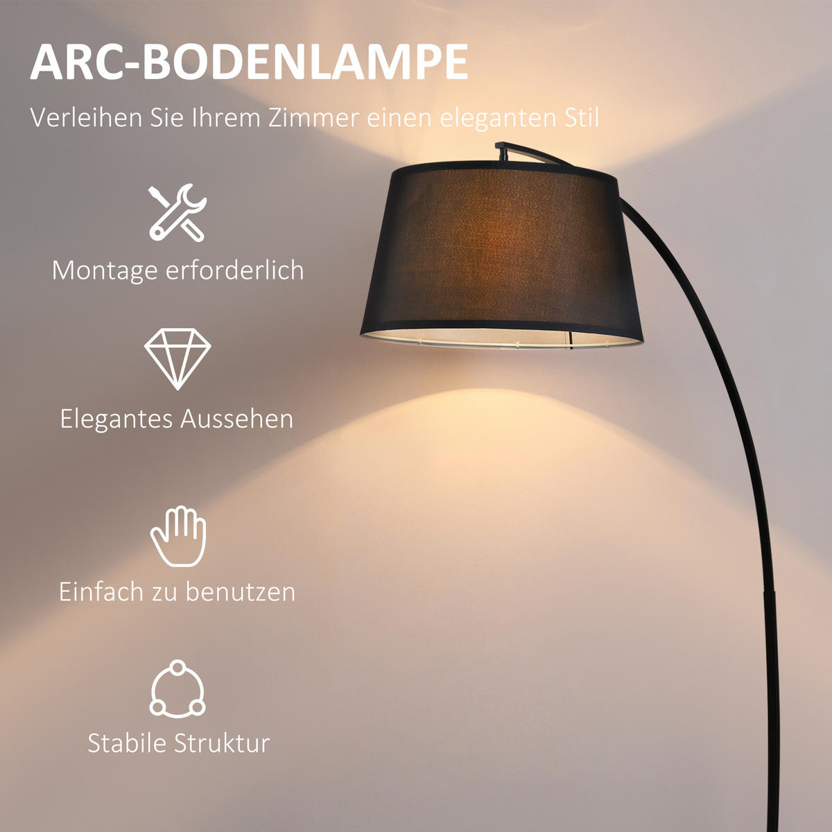 STEHLAMPE mit Lampenschirm aus Stoff, Fußschalter, Schwarz - Schwarz, Metall (47/105/190cm) - HOMCOM