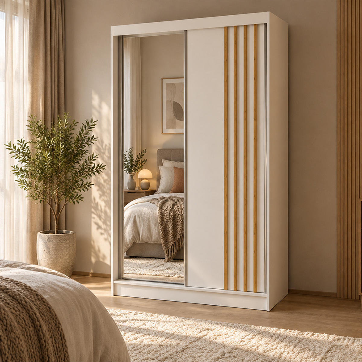 KLEIDERSCHRANK Nila 120 cm Weiß Spiegel 2 Schubladen Griffe silber - Weiß, Holzwerkstoff (120/216/61cm) - KS Home Concept