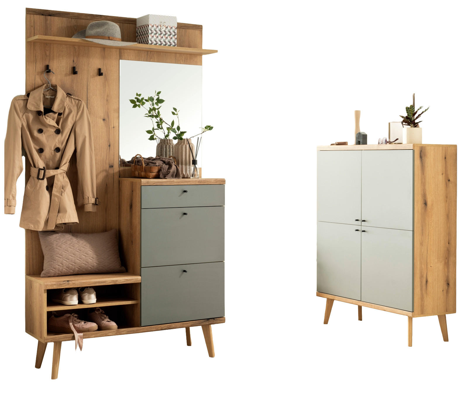 GARDEROBEN-SET 2-teilig Evoke Eiche, Salbei, Garderobenkombination skandinavisch 227 x 200 cm - Salbeigrün/Eichefarben, Glas/Holz (237/200/40cm) - Furn.Design