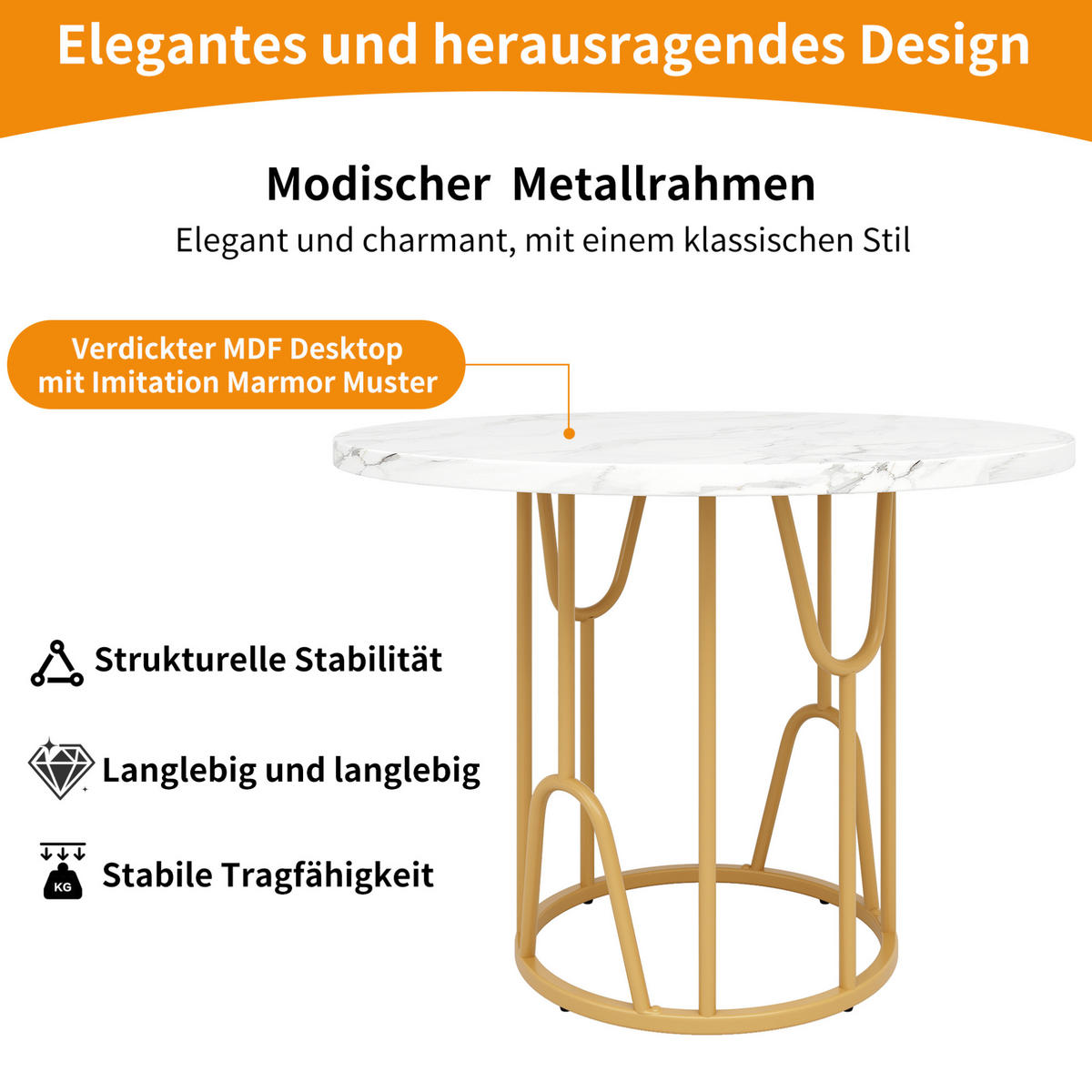 ESSTISCH, MDF-Tischplatte in Marmoroptik & Metallgestell, 80/80/76 cm, Gold - Goldfarben, Holzwerkstoff (80/80/76cm) - Redom
