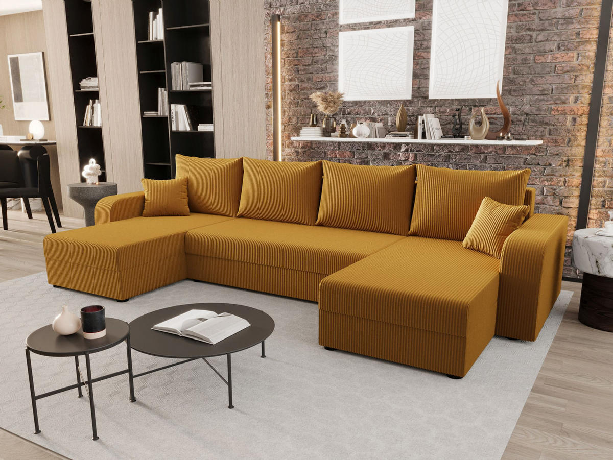 WOHNLANDSCHAFT HEWLET U BIS Zoom 9 mit Schlaffunktion - Currygelb, Textil (305/90/140cm) - Bedante