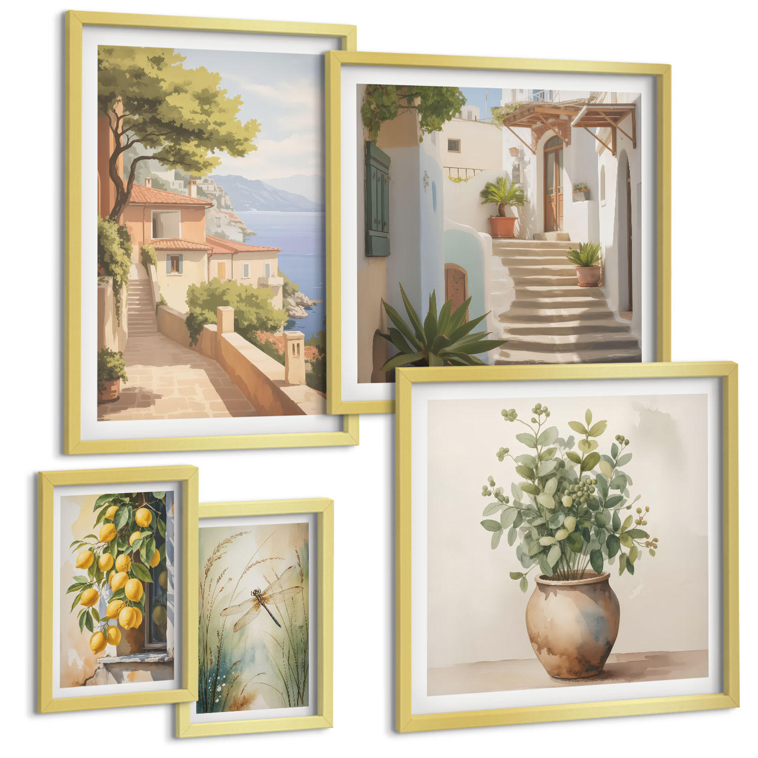 BILDER SET 5er Set - 50x50 cm & 20x30 cm & 40x60 cm Goldrahmen - Architektur der Zitronenstadt - Goldfarben, Kunststoff (40/60cm) - TULUP