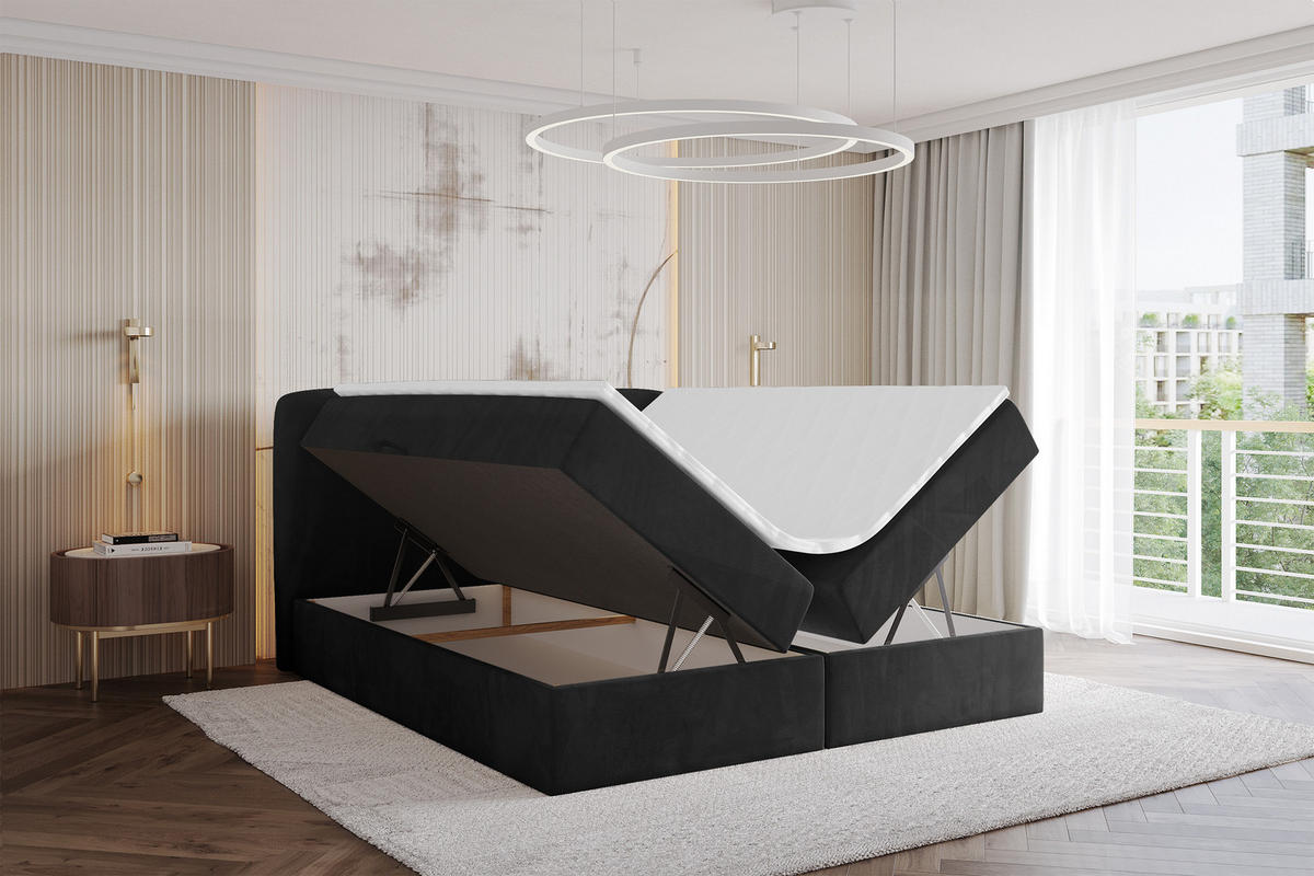 BOXBETT mit Matratze H4 - NINA - 160x200 cm - Schwarz - Schwarz Hochglanz, Holzwerkstoff (160/200cm) - ALTDECOR