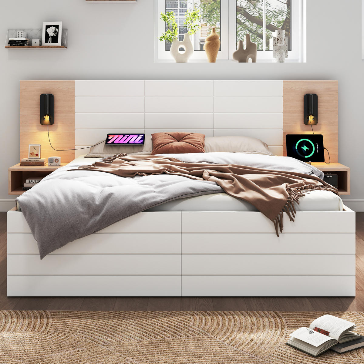 BETT 140/200 cm in Weiß/Eiche mit Matratze, USB und 2 Schubladen - Weiß, Holzwerkstoff (140/200cm) - Flora Grace