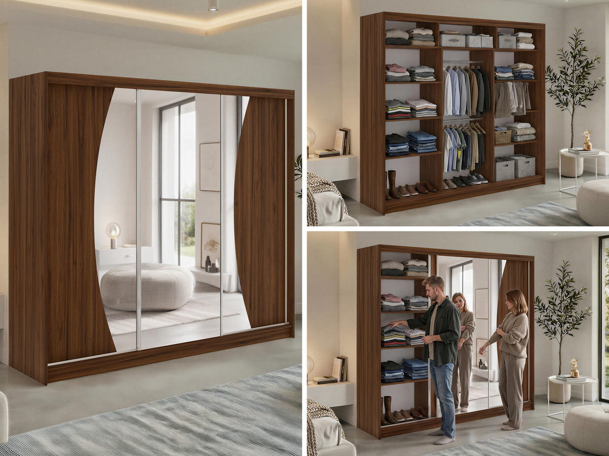 SCHWEBETÜRENSCHRANK 240 - VERONA - Warmia Walnuss mit Spiegel - Walnussfarben/Alufarben, Holzwerkstoff/Metall (240/216/61cm) - MKS