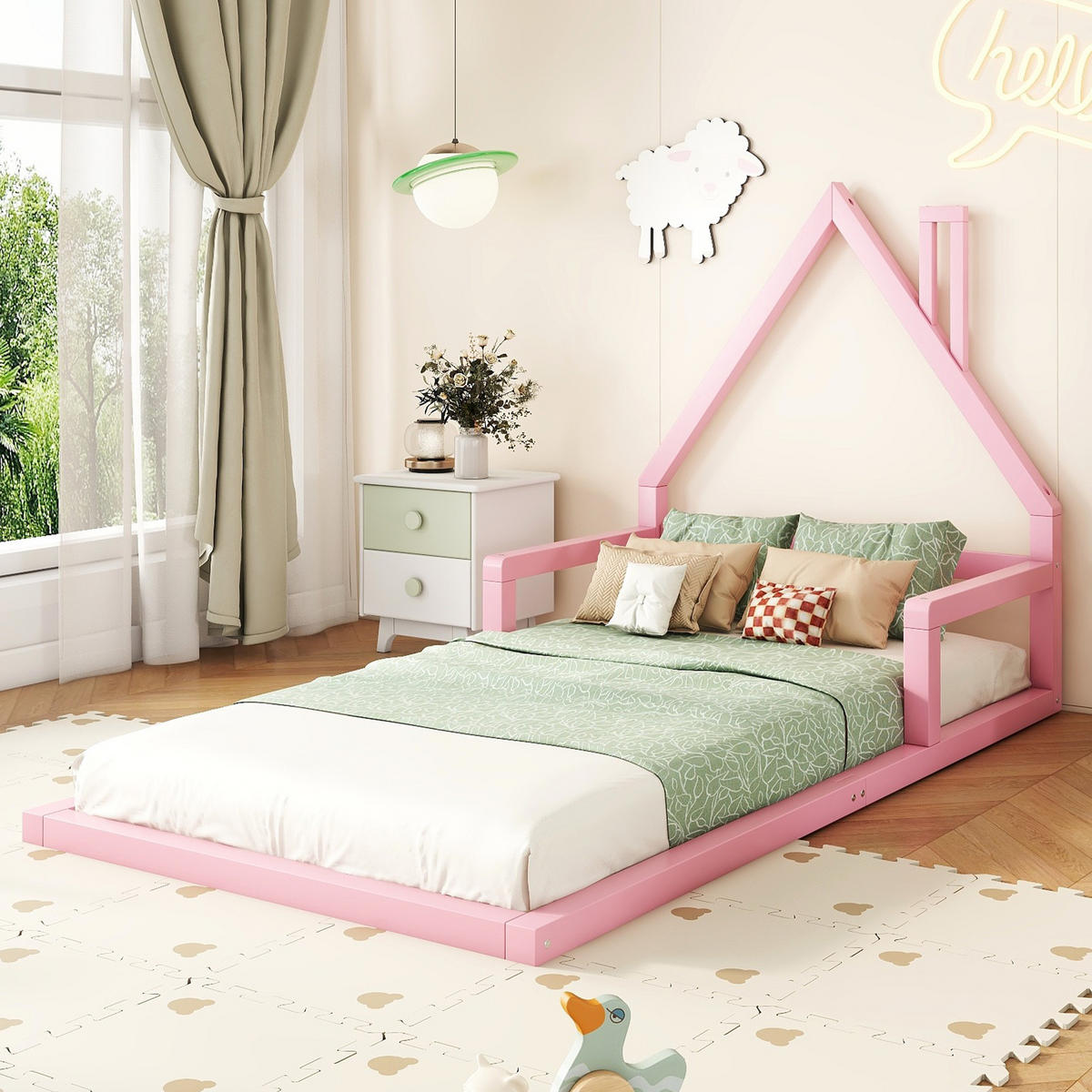 KINDERBETT 90x200cm Rosa Kiefer Flachbett Hausform - Pink, Holz (90/200cm) - FLIEKS