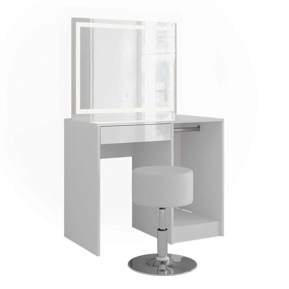 SCHMINKTISCH Sherry Weiß/Weiß Hochglanz 89.8 cm mit LED-Spiegel und Hocker - Weiß Hochglanz, Holzwerkstoff (89.8/76/50.1cm) - Vicco