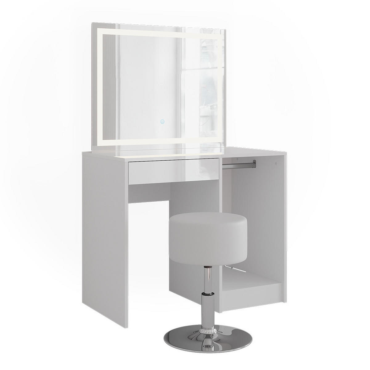 SCHMINKTISCH Sherry Weiß/Weiß Hochglanz 89.8 cm mit LED-Spiegel und Hocker - Weiß Hochglanz, Holzwerkstoff (89.8/76/50.1cm) - Vicco