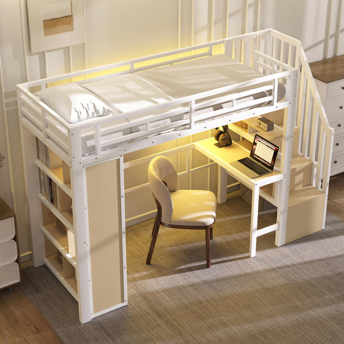 HOCHBETT 90/200 cm Weiß mit Schreibtisch, Stauraumtreppe und LED-Beleuchtung - Weiß, Metall (90/200cm) - Flora Grace