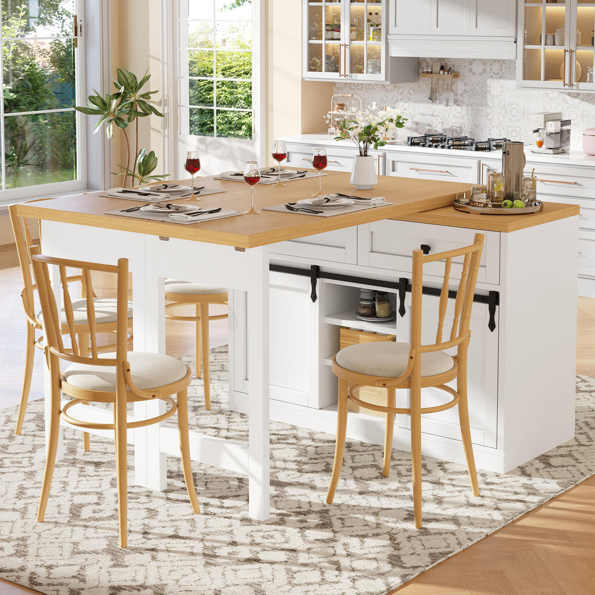 KÜCHENINSEL-ESSTISCH Weiß 120–197×40×72 cm mit 360° drehbarer Tischplatte und Barn-Schiebetüren aus Holzwerkstoff und Metall - Weiß, Holzwerkstoff (120/72/40cm) - Luhomfu