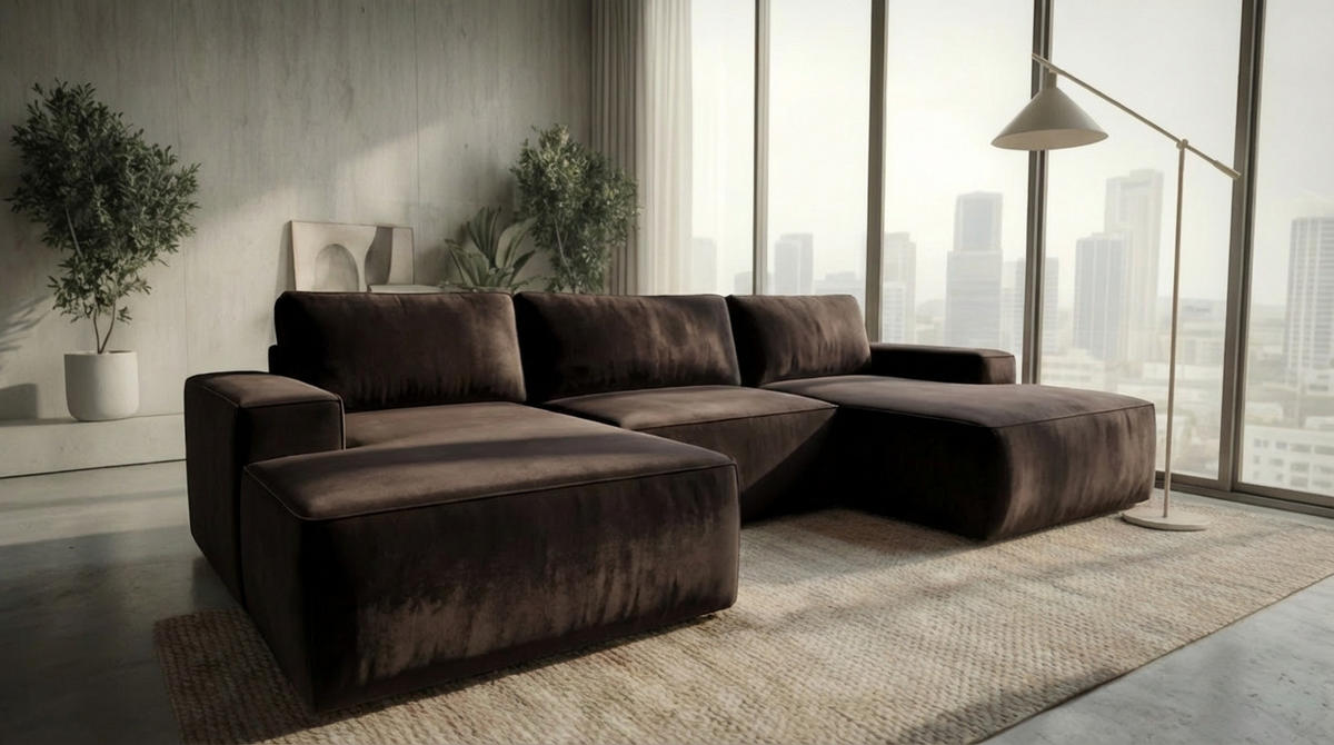 ECKSOFA EINAR 362 cm x 170 cm – Stoff: VELUTTO Espresso 6 Farbe: Dunkelbraun - Dunkelbraun, Textil (362/170cm) - A&J MöbelLand