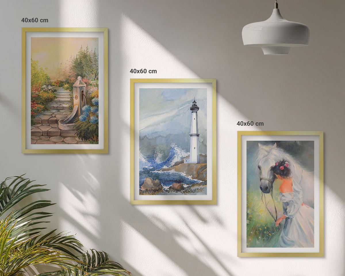 BILDER SET 3er Set - 40x60 cm Goldrahmen - Landschaft Leuchtturm Pferd Mädchen - Goldfarben, Kunststoff (40/60cm) - TULUP