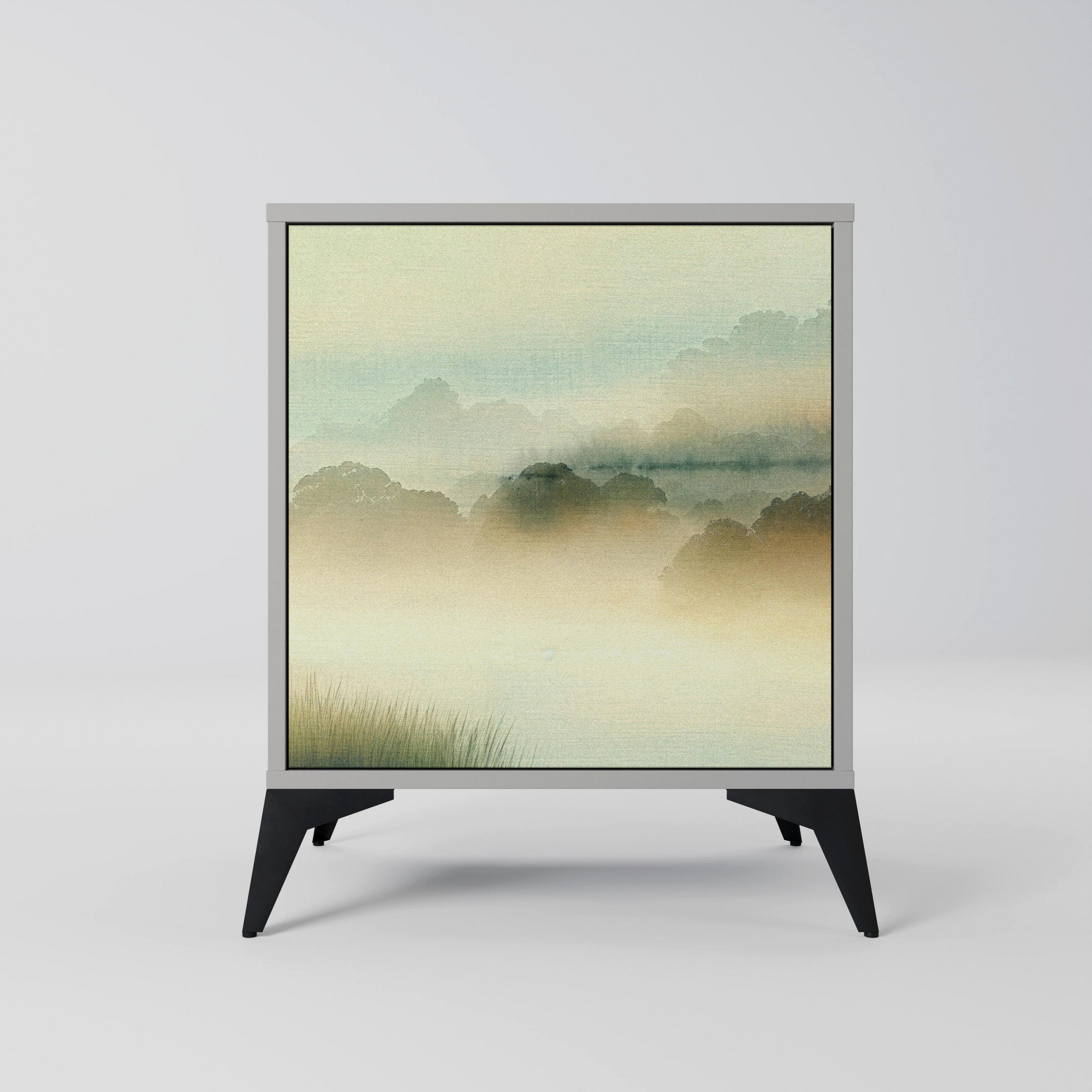 SIDEBOARD MORNING BY THE LAKE, Grau, 57,5x42x70,5 cm, Schwarze Metall-Sternfüße - Multicolor/Schwarz, Holzwerkstoff/Metall (57.5/70.5/42cm) - SpaceRebels