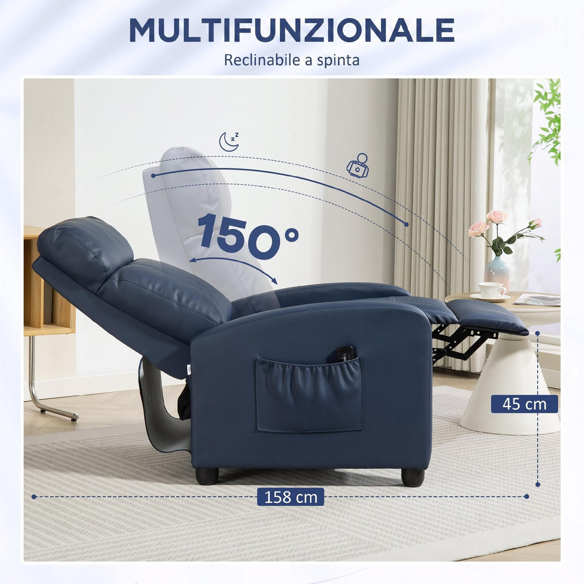 MASSAGESESSEL,PU-LEDER verstellbar Fernbedienung Fußstütze,dunkelblau - Blau, Leder (68/98/88cm) - Vallsero