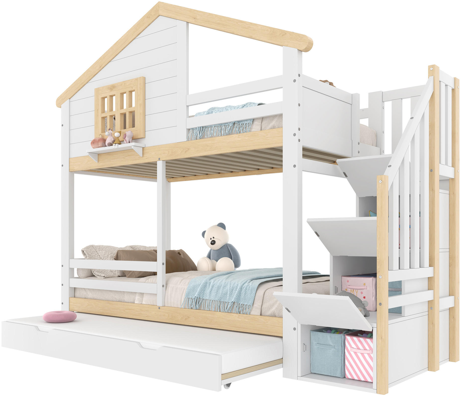 ETAGENBETT aus Kiefernholz 90x200 cm Weiß/Natur mit Ausziehbett, Stauraumtreppe und Sicherheitsgeländer - Weiß, Holz (90/200cm) - Modfu