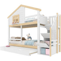 ETAGENBETT aus Kiefernholz 90x200 cm Weiß/Natur mit Ausziehbett, Stauraumtreppe und Sicherheitsgeländer - Weiß, Holz (90/200cm) - Modfu