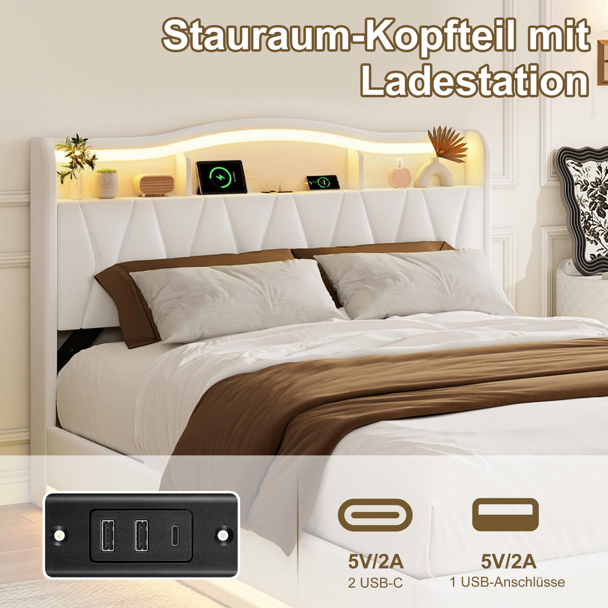 POLSTERBETT 140x200 cm mit Stauraum‑Kopfteil, Hydraulik‑Stauraum, LED und USB‑C‑Ladeanschlüsse, Velours‑Stoff, Weiß - Weiß, Holz (140/200cm) - BRILVERDE