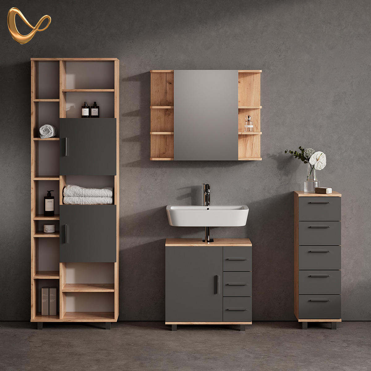 BADMÖBEL-SET Eisak Eiche 4 Teile - Eichefarben/Anthrazit, Holzwerkstoff (60/60/33cm) - Livinity®