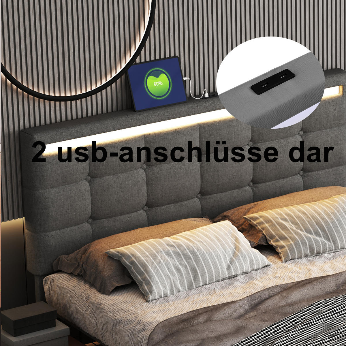 POLSTERBETT 140x200 LED 4 Schubladen 2 USB Stauraum Grau - Grau, Holzwerkstoff - FLIEKS