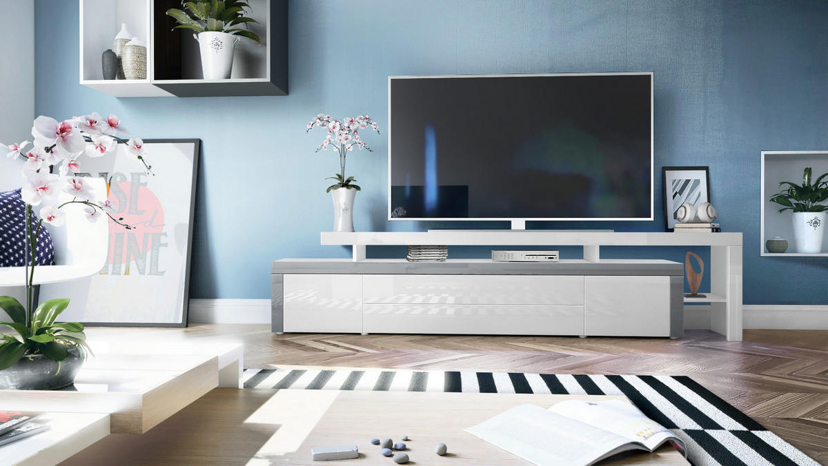 LOWBOARD Leon Weiß Hochglanz / Grau Hochglanz - Weiß Hochglanz/Grau, Holzwerkstoff (227/52/35cm) - Vladon