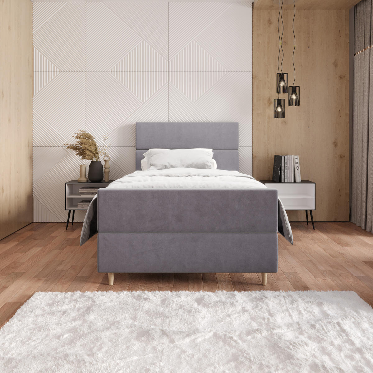 BOXBETT FLO PLUS 100x200 Itaka 50, mit Matratze H3, Bonell und Topper, Hellgrau - Hellgrau, Holz/Textil (100/200cm) - Bedante