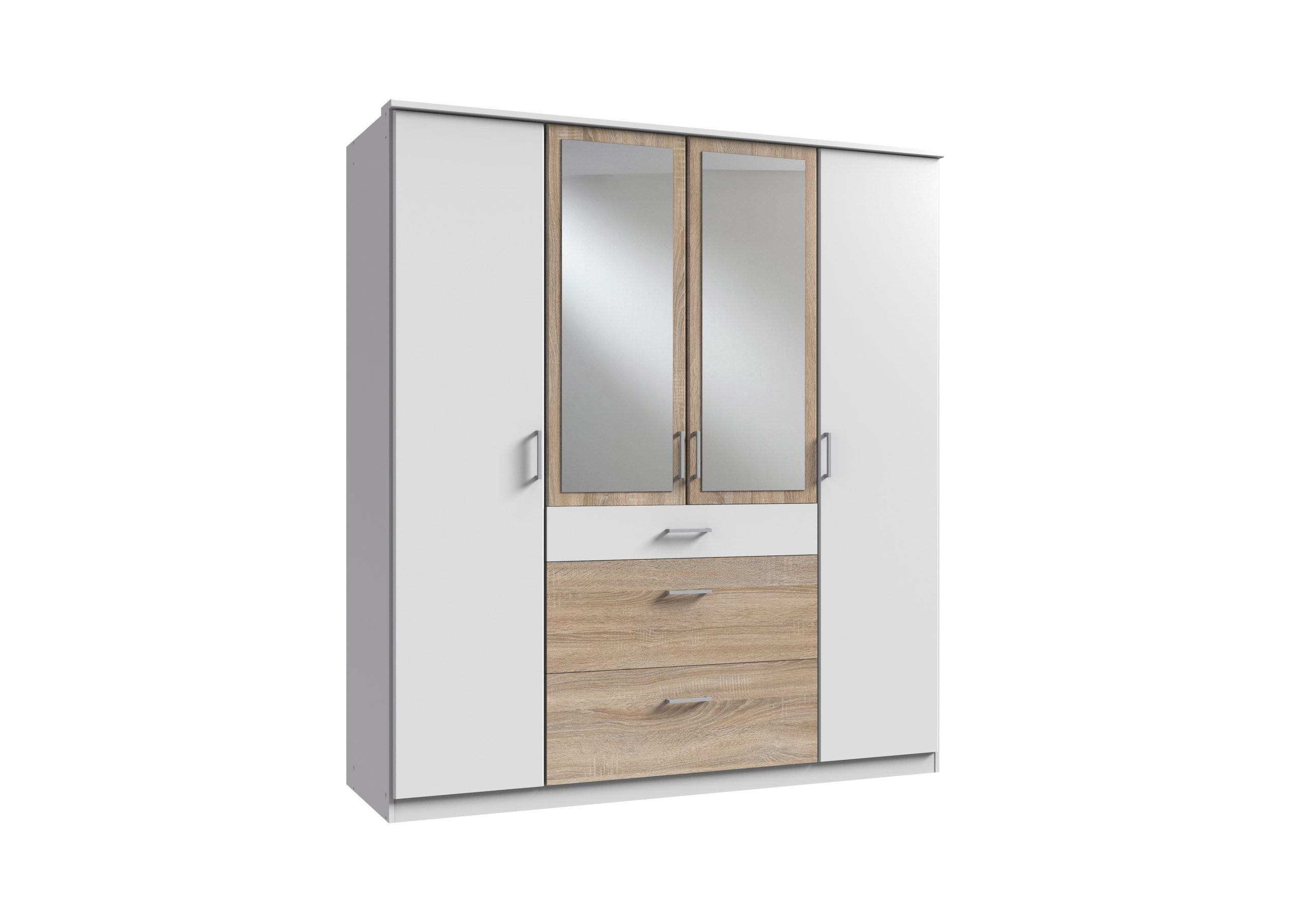 KLEIDERSCHRANK Click in Weiß mit Eiche Sägerau - Drehtürenschrank 179 cm Breite mit Spiegel - Weiß, Holzwerkstoff (179/199/58cm)