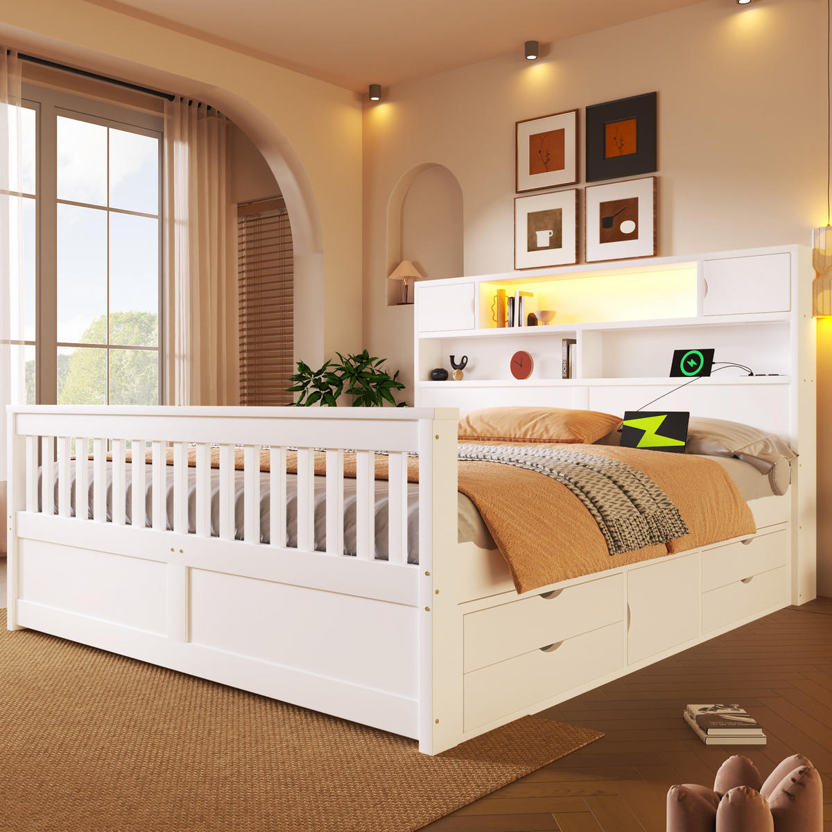 POLSTERBETT 160/200 cm Weiß mit 4 Schubladen, LED-Beleuchtung und Stauraumregalen - Weiß, Holz (160/200cm) - Oxeza