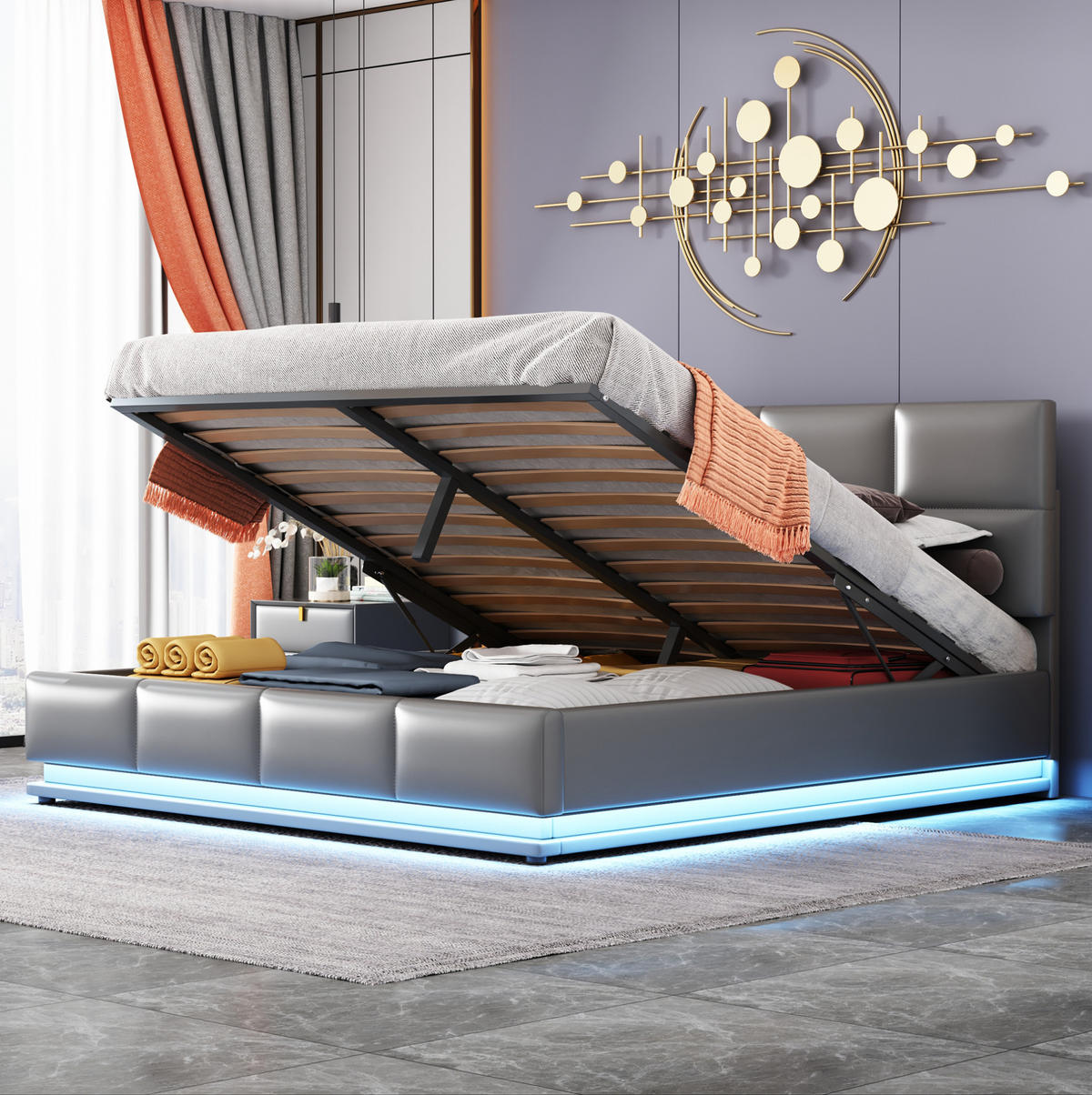 ČALÚNENÁ posteľ 160/200 cm sivá, LED osvetlenie a hydraulický úložný priestor - sivá, textil (160/200cm) - BEAOK
