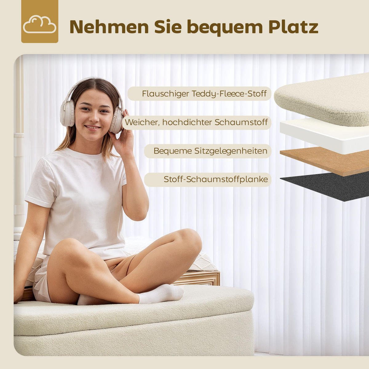 SITZBANK Polyester Kautschukholz Beige - Beige/Naturfarben, Holz/Textil (42/45/120cm) - HOMCOM