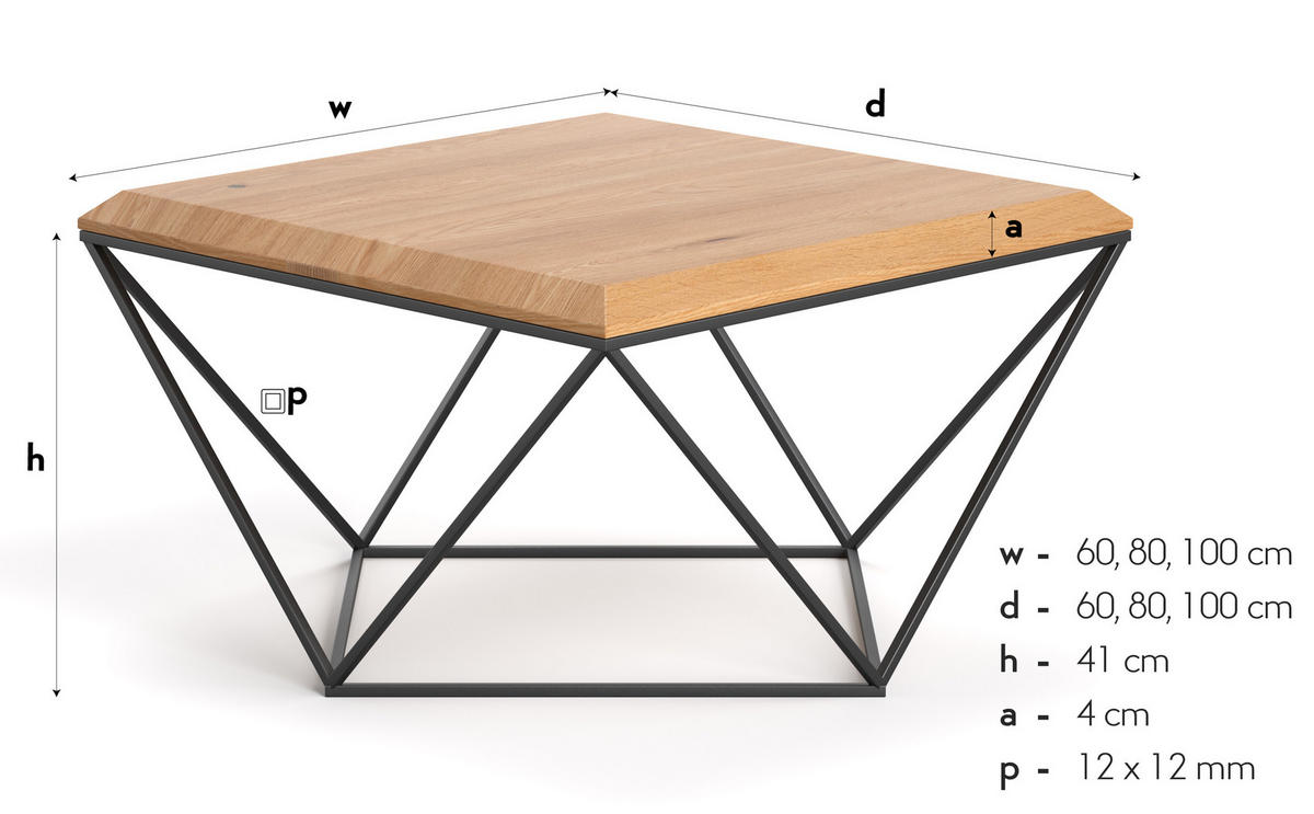 COUCHTISCH Arbor aus massivem Eichenholz 100x100 cm - Eichefarben/Schwarz, Holz/Metall (100/100/41cm) - Danzz