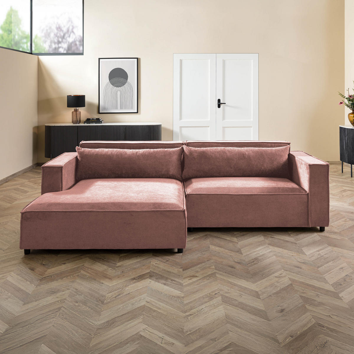 ECKSOFA Ottomane links Geflechtstoff 266x150x80 rosa FINN - Rosa, Textil (150/266cm) - Massivmoebel24