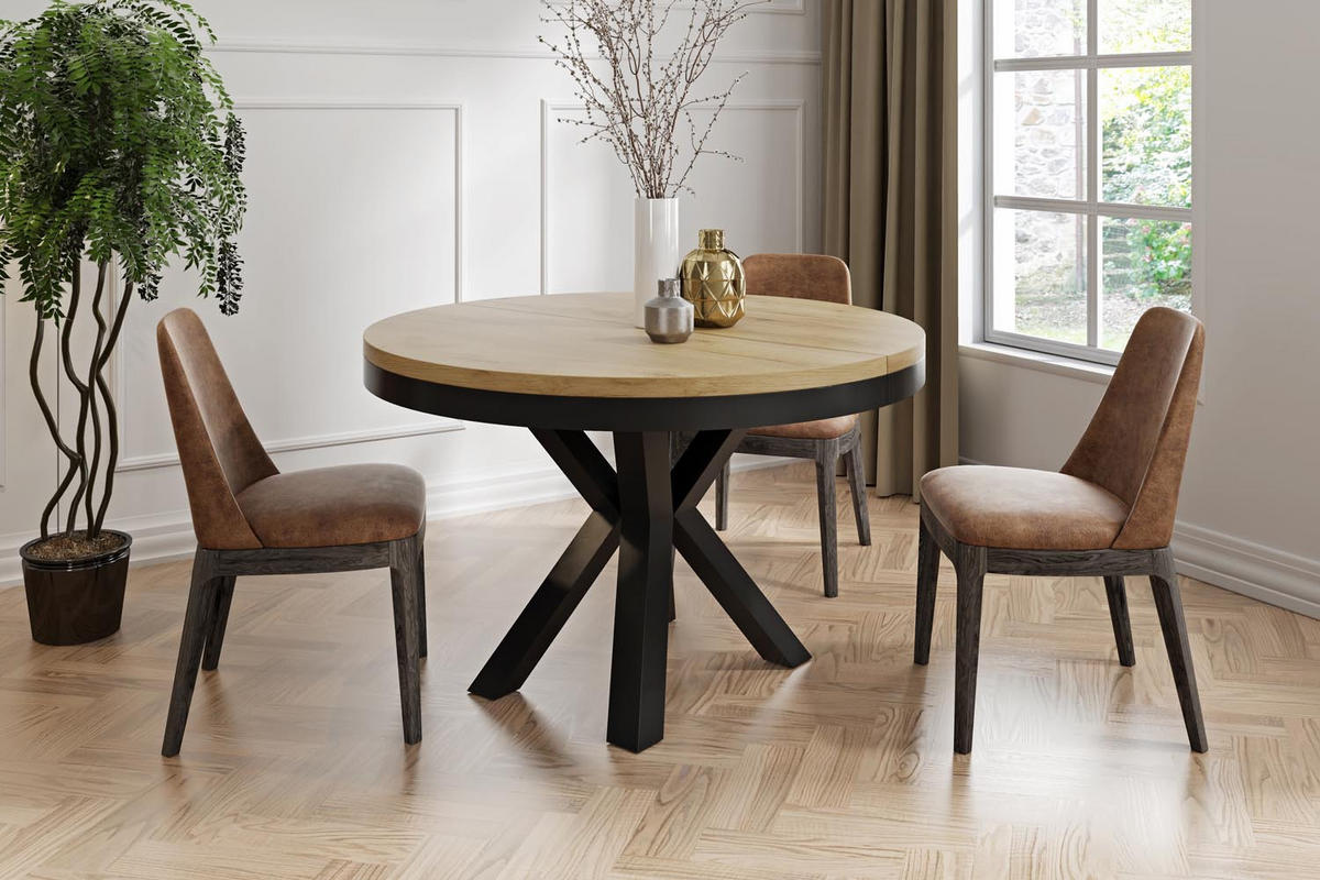 ESSTISCH Clara runder ausziehbarer, Craft Eiche 120-200/120/76 cm - Eiche Wotan/Schwarz, Holzwerkstoff/Metall (120/120/76cm) - WFL GROUP