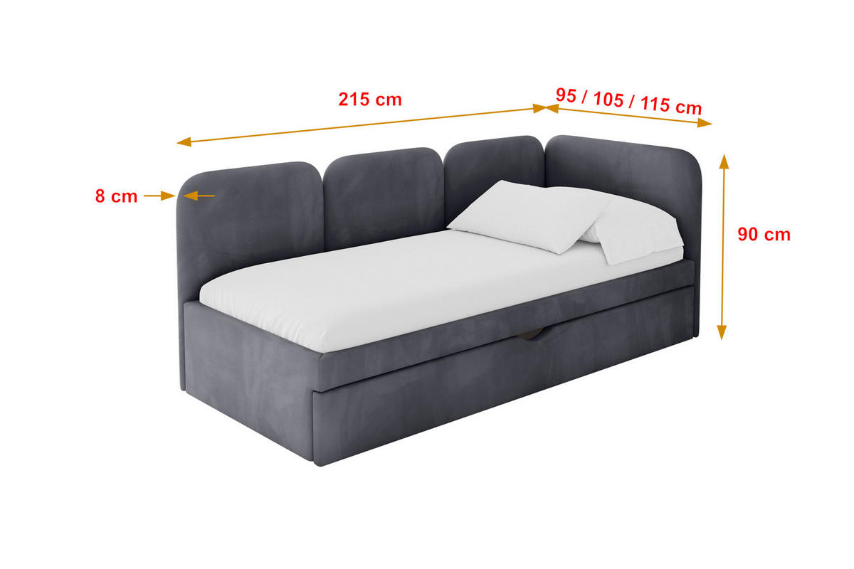 EINZELLBETT Jugendbett mit Bettkasten, Links - ALVY 100x200 Dunkelgrau - Dunkelgrau, Holzwerkstoff/Textil (100/200cm) - ALTDECOR