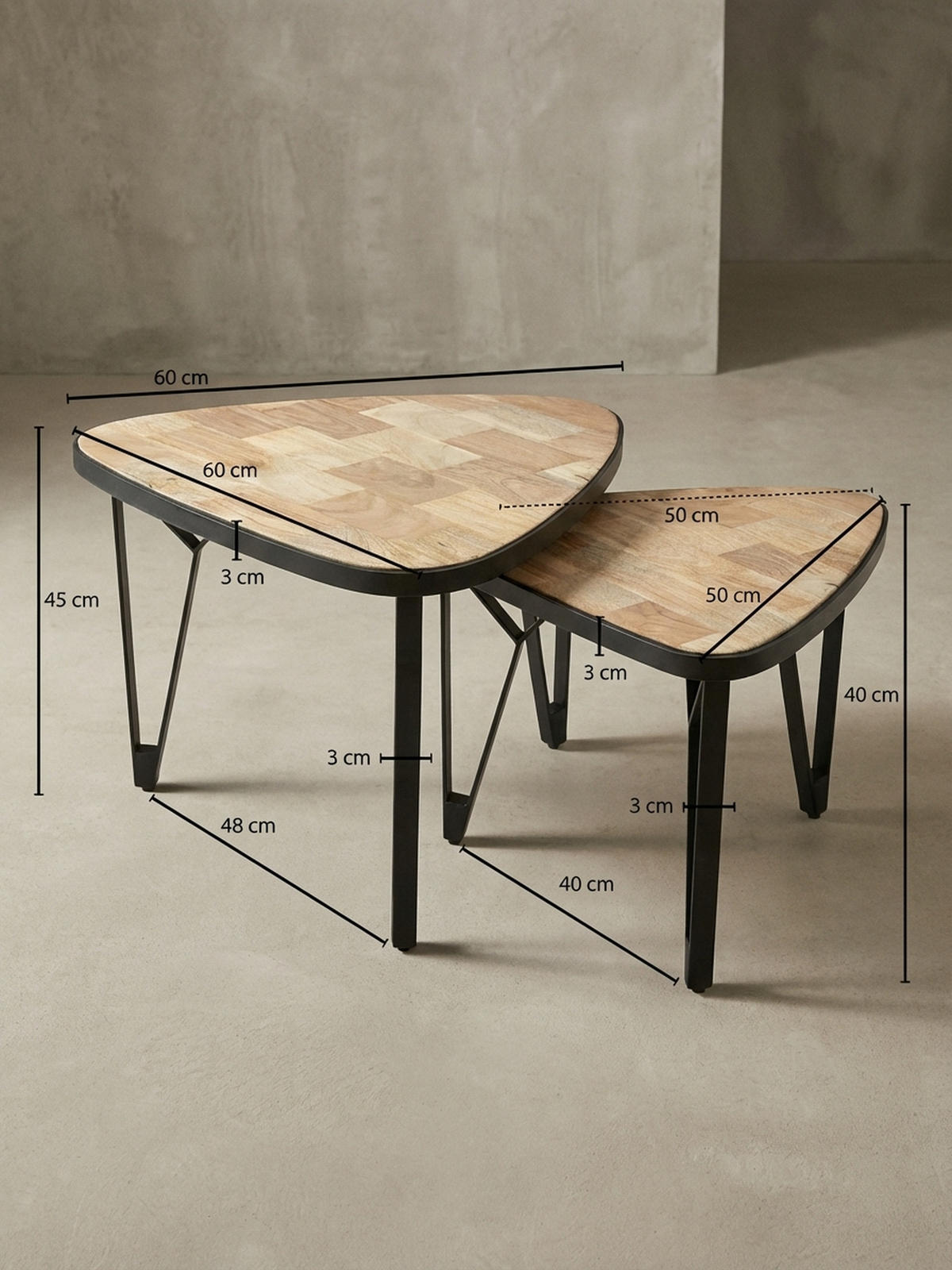 COUCHTISCH Set – Massivholz Metall Braun Schwarz platzsparend Industrial - Beige/Schwarz, Holz/Metall (60/60/45cm) - KADIMA DESIGN