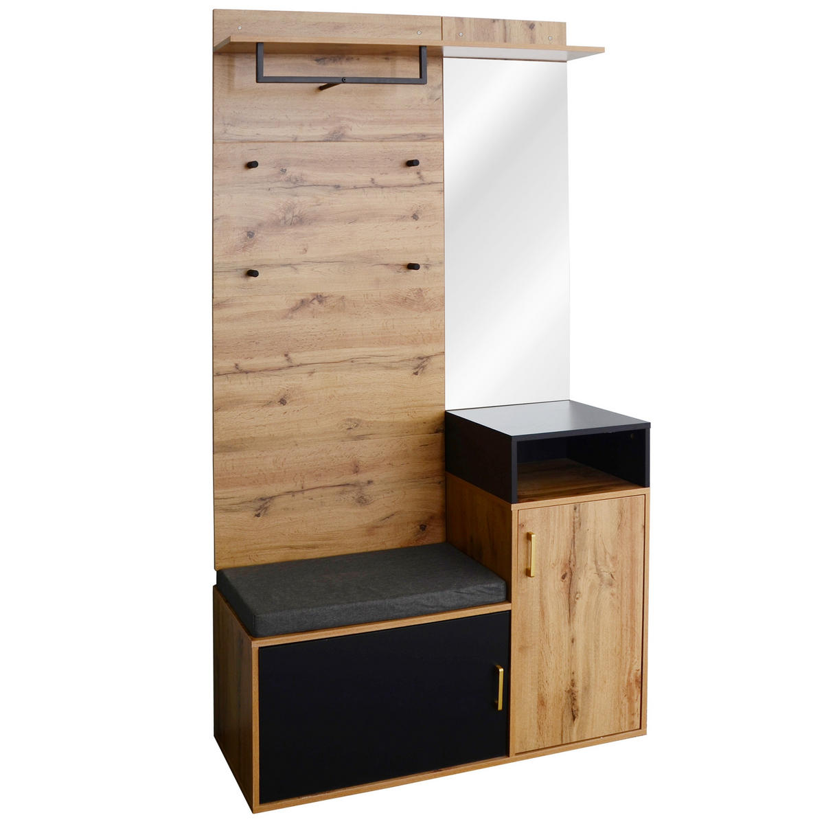 GARDEROBE 105/40/191,5 cm in Schwarz und Holzoptik aus MDF mit Spiegel und Schuhschrank - Goldfarben/Schwarz, Glas/Holzwerkstoff (105/190.5/40cm) - CHICFURN