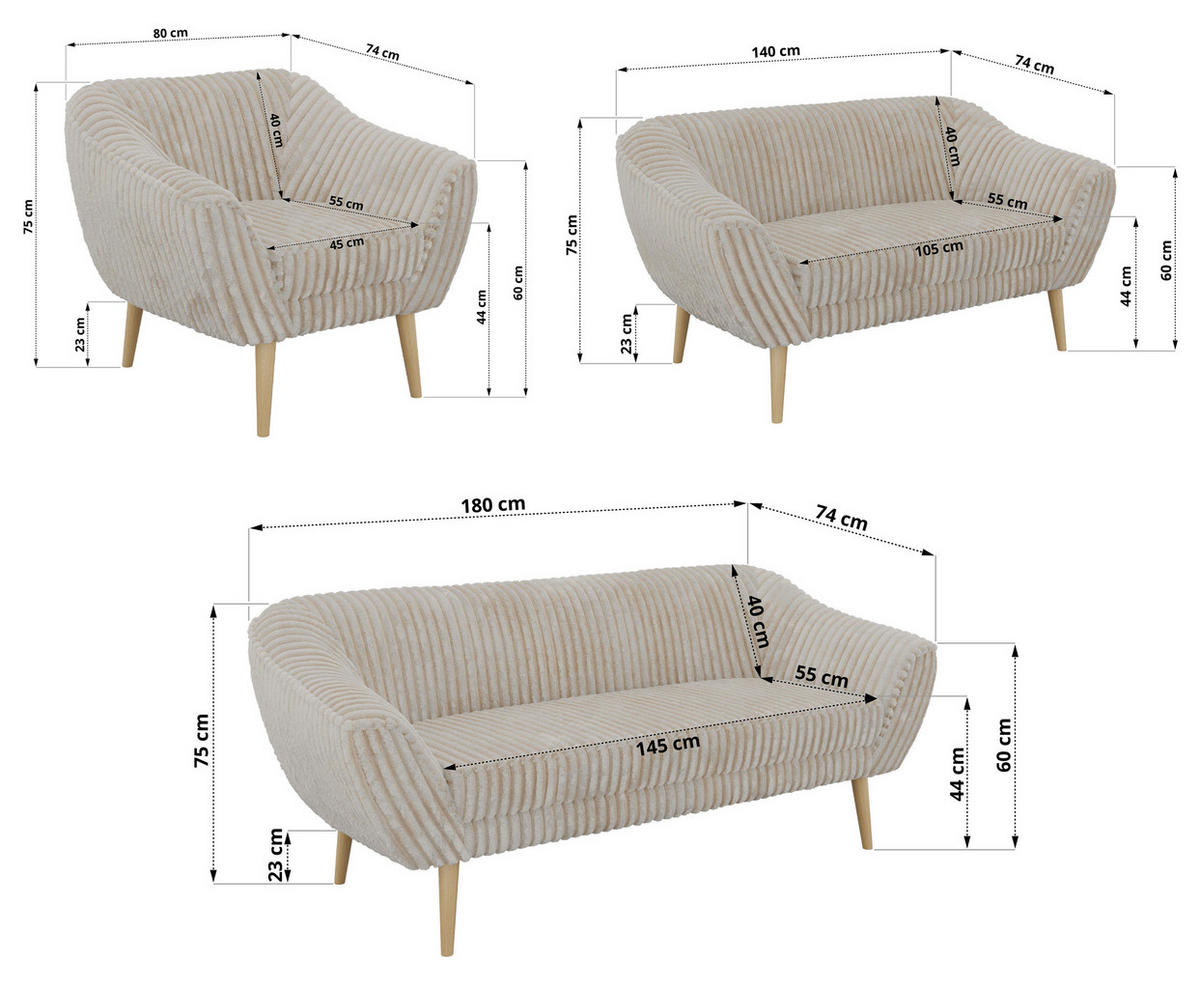 SEDACIA ZOSTAVA 3+2+1 PIRS - Béžová Manšester - Drevené nohy - farba buka/krémová, kompozitné drevo/textil (180/75/74cm) - MKS