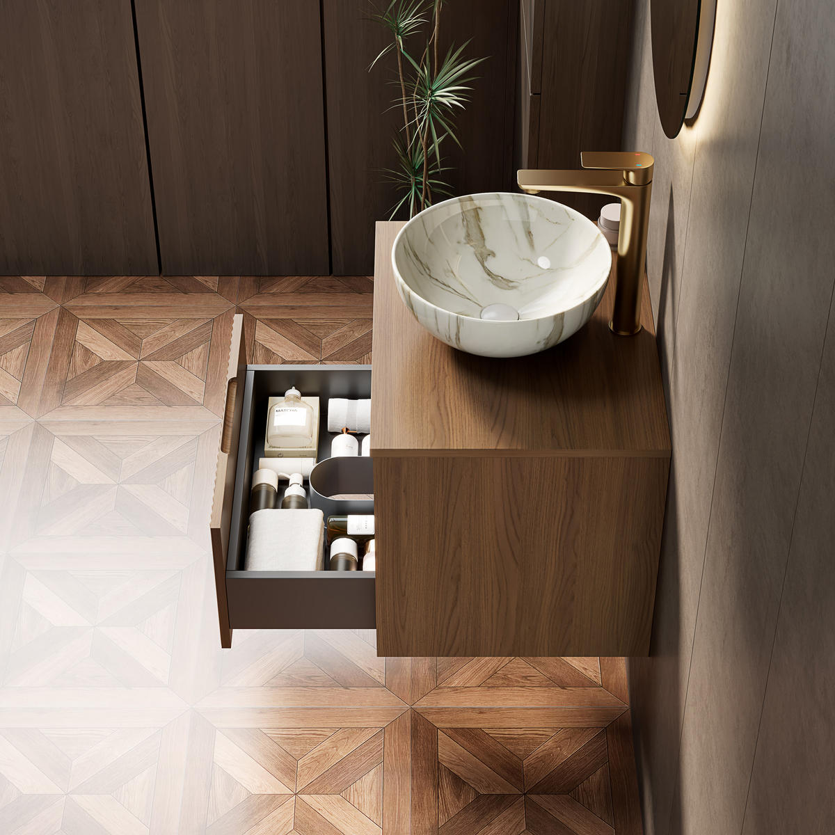 WASCHTISCHKOMBI 60x46x60.8cm Braune Eiche/Steinweiß mit Sensor-LED, Soft-Close & Massivholzfront - Eichefarben, Keramik (60/60.8/46cm) - Modfu