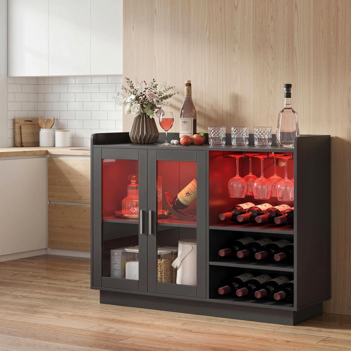 WEINREGAL, LED, verstellbarer Boden, Holz/Glas, schwarz, 120x38x88cm - Multicolor, Metall (120/88/38cm) - FORIOUS