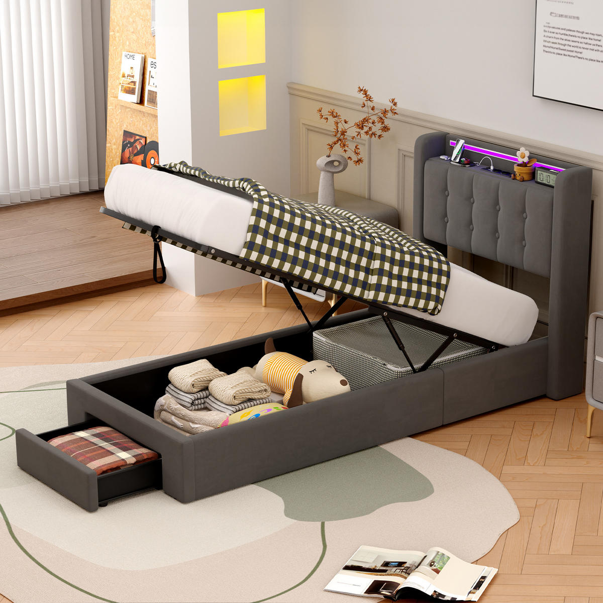 POLSTERBETT 90/200 cm Grau mit LED-Lichtleiste und USB-Anschlüssen - Grau, Holzwerkstoff (90/200cm) - OKWISH