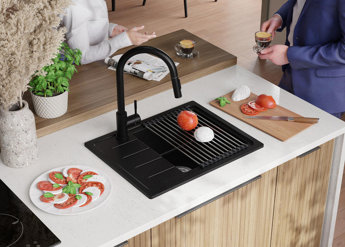 GRANITSPÜLE Kopenhagen Easy, 2-er set Schwarz 55/44 cm 1 Becken + Küchenarmatur 32/20 cm + Ablauf-Set ab 45er Unterschrank - Chromfarben/Schwarz, Kunststoff (55/17/44cm) - Primagran