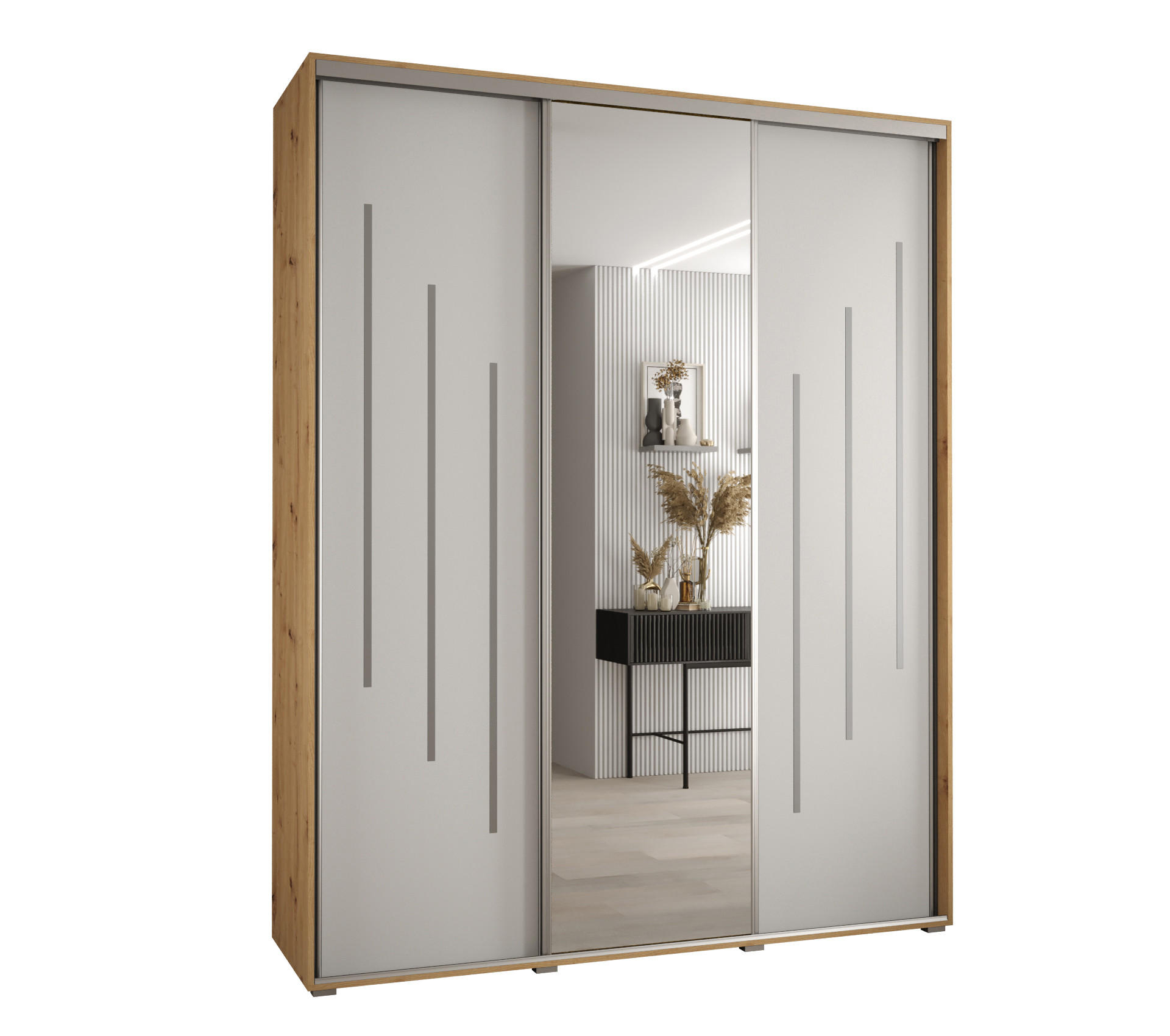 Abiks Möbel Schwebetürenschrank Eiche Artisan, Weiß, Silber 200x235x60 cm