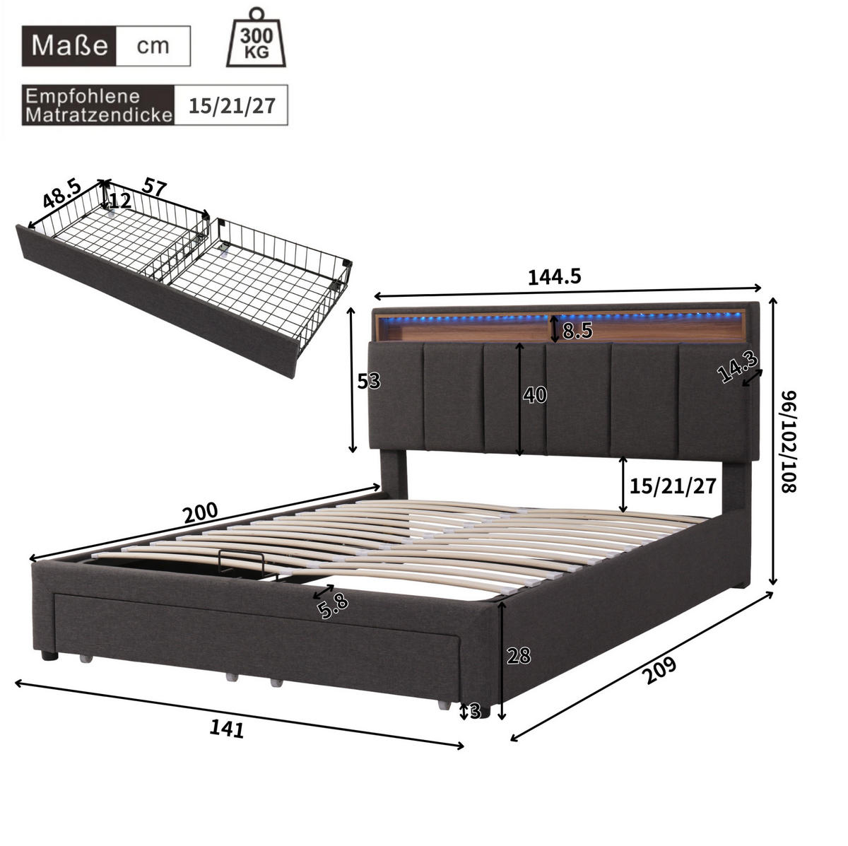 POLSTERBETT 140/200 cm mit LED-Beleuchtung, Lattenrost und Stauraum, Leinenoptik, Grau - Grau, Textil (140/200cm) - Redom