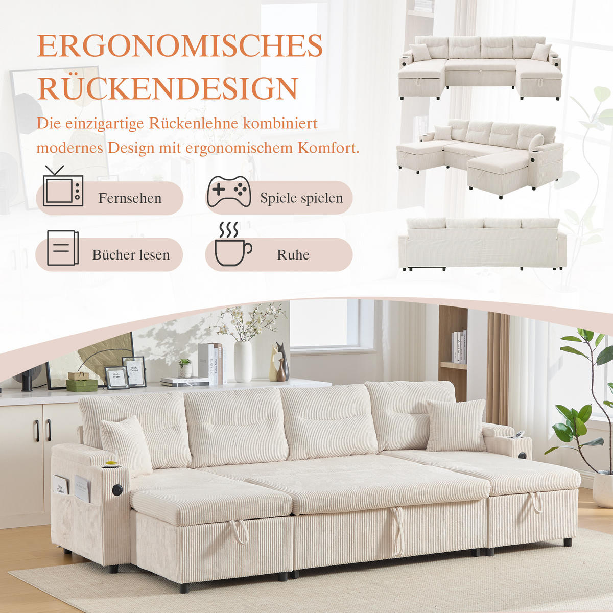 SCHLAFSOFA 4-Sitzer mit Chaiselongues, USB und Stauraum, Beige - Beige, Textil (272/86/136cm)